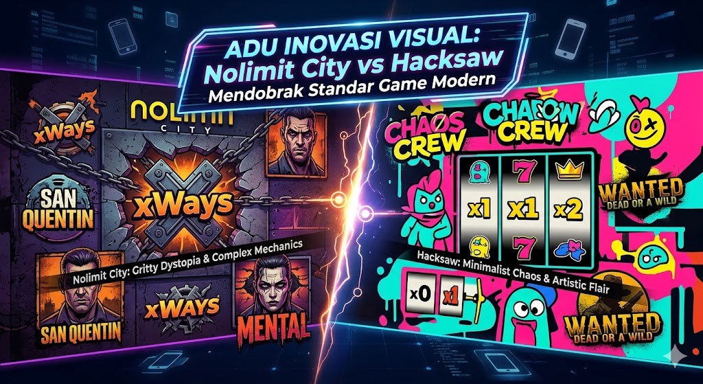 Infografis komparatif dalam Bahasa Indonesia berjudul "Adu Inovasi Visual: Nolimit City vs Hacksaw - Mendobrak Standar Game Modern". Sisi kiri menampilkan estetika "Gritty Dystopia & Complex Mechanics" Nolimit City dengan rantai, karakter realistis, dan contoh game seperti "SAN QUENTIN" dan mekanik "xWays". Sisi kanan menampilkan estetika "Minimalist Chaos & Artistic Flair" Hacksaw Gaming dengan gaya grafiti neon, coretan kartun, dan contoh game seperti "CHAOS CREW" dan simbol mesin slot. Gambar secara visual mengontraskan pendekatan Nolimit yang keras dan mekanis dengan pendekatan Hacksaw yang berani dan artistik dalam inovasi visual game modern.