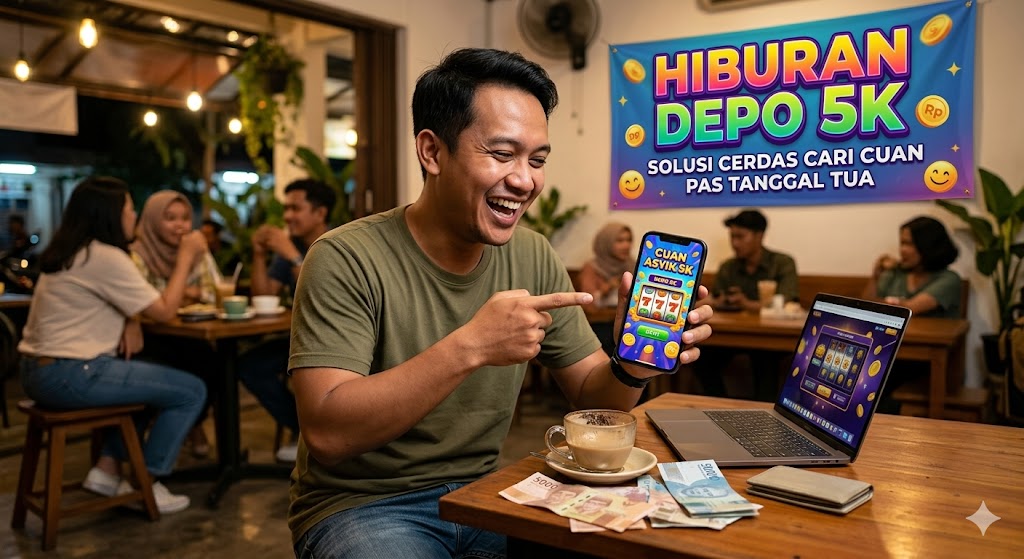 Pria tersenyum main game online di HP dengan uang pecahan lima ribu rupiah sebagai ilustrasi Hiburan Depo 5K.