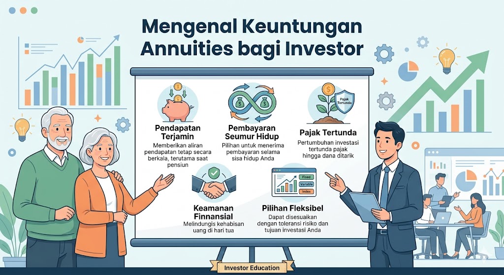 Infografis berjudul 'Mengenal Keuntungan Annuities bagi Investor' yang menampilkan seorang penasihat keuangan sedang mempresentasikan lima manfaat utama anuitas kepada pasangan lansia, dengan latar belakang grafik pertumbuhan finansial.