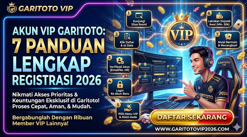 Banner promosi langkah demi langkah cara membuat Akun VIP Garitoto dengan 7 Panduan Lengkap Registrasi 2026 yang mudah, aman, dan cepat.